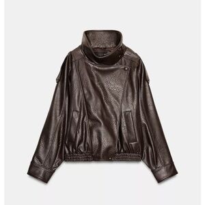 Viral Zara Dark Brown Faux Leather Funnel Neck Bomber Jacket